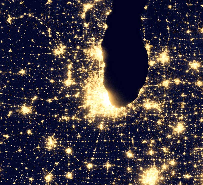 Satellite view of Chicagoland lights at night